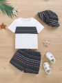 SHEIN Unisex Baby Holiday Style Printed Color Block Round Neck T-Shirt Shorts Hat 3pcs Outfits