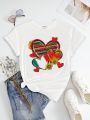 Sunflower & Heart Print Plus Size Round Neck T-Shirt