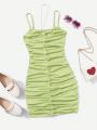 SHEIN Teenage Girl's Knitted Solid Color Pleated Romantic Cami Dress