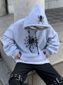 Men Spider Web Print Kangaroo Pocket Drawstring Hoodie