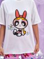 THE POWERPUFF GIRLS X SHEIN Cartoon Graphic Drop Shoulder Tee & Pants PJ Set