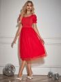 Red Lace A-line Princess Dress With Puff Sleeves And Empire Waist For Daily Wear In Spring/summer