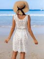 SHEIN Swim Mod Tied Shoulder Eyelet Embroidery Sleeveless Cover Up Dress