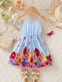 SHEIN Baby Girls' Floral Printed Patchwork Spaghetti Strap Dress