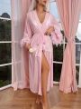 Fuzzy Trim Belted Mesh Robe Without Lingerie Set