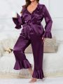 SHEIN X GiudiceGirls Plus Ruffle Trim Flare Sleeve Belted Satin PJ Set