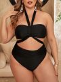 SHEIN Swim Vcay Plus Size Women's Ruched Halterneck Swimsuit