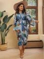 SHEIN VCAY Plus Size Women's Floral Print Belted Dress