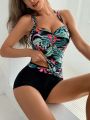 SHEIN DD+ Tropical Plant Printed Vest Top & Strap Bikini Set