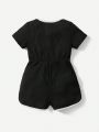 SHEIN Baby Girls' Casual Sports Color Block Romper With Letter Print And Contrast Trim