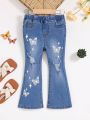 SHEIN Toddler Girls Butterfly Print Ripped Flare Leg Jeans