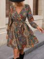 Paisley Print Surplice Neck Belted Dress