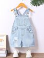 Boys' Cute Outdoor Simple Light Washed Denim Overalls Shorts, Summer