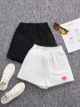 SHEIN Kids EVRYDAY Tween Girls Knitted Heart Pattern Loose Fit Casual Shorts 2pcs/Set