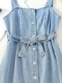 Tween Girls' Casual Belted Denim Jumpsuit Dress With Suspender Strap