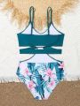 Tween Girls' Cross Wrap Cutout Detail Tropical Printed One Piece Swimsuit