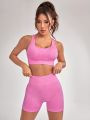 Women's Seamless Yoga Activewear Set, Solid Color, Backless, Criss-Cross Shoulder Straps, Deep V-Neck, Slim Fit, Butt Lift, Suitable For Exercises And Daily Wear