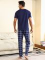 Men's Letter & Check Printed Pajama Set