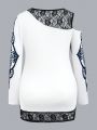 PUNK Plus Skull Print Contrast Lace Asymmetrical Neck 2 in 1 Tee