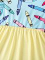 SHEIN Kids EVRYDAY Little Girls' Short Sleeve Colorblock Floral Pencil Dress