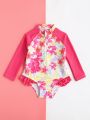 Baby Girl Floral Print Frill Trim One Piece Swimsuit