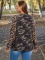 SHEIN LUNE Plus Size Camouflage & Leopard Print V-neck T-shirt