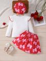 SHEIN Kids QTFun Toddler Girls' Adorable Ruffle Trim Long Sleeve Butterfly Print T-Shirt And Skirt Set For Autumn And Winter