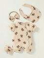 Newborn Baby Girl Bear Print Button Front Puff Sleeve Romper