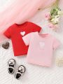 Baby Girls' Sweetheart Short-Sleeved T-Shirt Set For Summer In Pink And Red, 2pcs