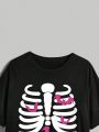 CorujaPintada Round Neck Longline T-shirt With Skull Print