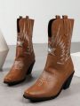 2023 New Vintage Western Cowboy Boots For Women With Embroidery, V-shaped Mouth, Chunky Heel, Pointed Toe, Mid-calf, Knight, Single Boot, Autumn/winter