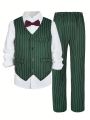 SHEIN Kids EVRYDAY 3pcs/set Teenage Boys' Striped Button Up Vest Suit Jacket With Matching Pants And Dress Shirt, With Bow Tie