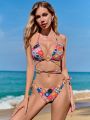 SHEIN Swim BohoFeel Solid & Patchwork Pattern Bikini Swimsuit Set With Multiple Circle Decorations And Knot Back Design