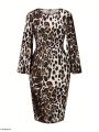 Plus Size Women's Leopard Print Bell Sleeve Dress