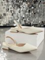 Fashionable Pointed Toe Satin Muller Shoes With Back Strap, Low Heel, Versatile Beige Color