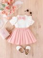 Baby Ruffle Trim Bow Front Tee & Pleated Skirt