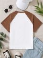 SHEIN Kids Y2Kool Girls' Leopard Print & Heart Pattern Color Block Raglan Sleeve T-Shirt