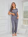 Women's Milk Silk Cartoon Eyelash Printed T-Shirt & Pajamas Set