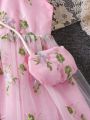 SHEIN Kids Nujoom Young Girl'S Fairy Style Summer Floral Embroidery Mesh Princess Dress