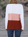 Color Block Notched Neckline Long Sleeve T-Shirt