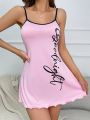 Women's Letter & Heart Print Spaghetti Strap Sleep Dress