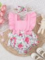 Baby Girl Floral Print Adorable Camisole Ruffle Romper With Bowknot, Summer