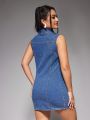 Women's Blue Denim Sleeveless Single Breasted Jeans Dress