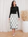 SHEIN Modely Geo Pattern Pearls and Rhinestone Beaded Sweater Dress