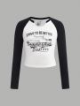 SHEIN Kids HYPEME Girls' Train & Letter Printed Colorblock Raglan Sleeve Long Sleeve T-shirt With Notched Collar