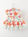 Summer Newborn Baby Girls' Bubble Sleeve Floral Printed Short Sleeve Dress