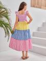 SHEIN Kids SUNSHNE Tween Girls' Plaid & Color Block Splicing Vacation Style Dress With Square Neckline And Flare Sleeves
