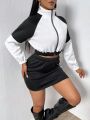 SHEIN SXY Women's Color Block Zipper Front Jacket And Side Striped Skirt Two-piece Set