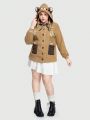 ROMWE Kawaii Women'S Hooded Coat With Bear Embroidery