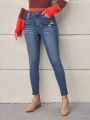 SHEIN LUNE Feather Embroidered Skinny Jeans With Hole